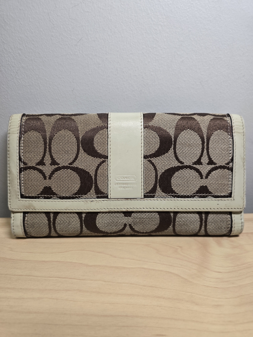 COACH Trifold Long Wallet Signature Khaki Jacquard Cream Leather Trim *pre-loved